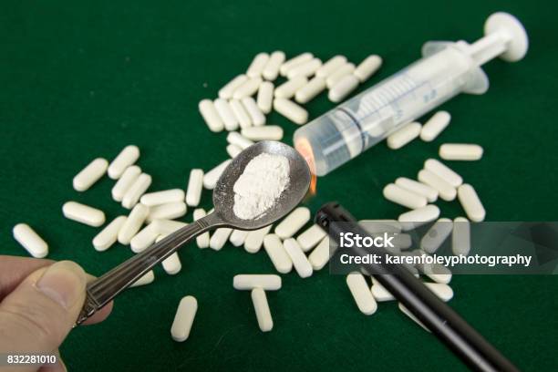 Opiods With Money And Syringe Stock Photo - Download Image Now - Fentanyl, Abuse, Addiction