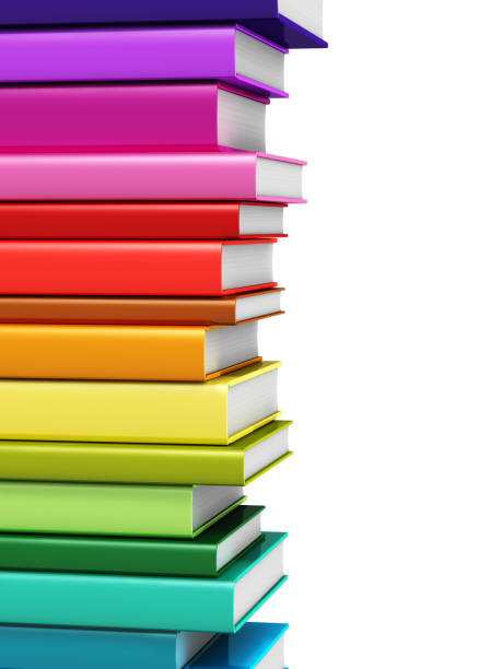 Creative abstract science, knowledge, education, back to school, business and corporate office life concept: 3D render illustration of rainbow color hardcover books isolated on white background