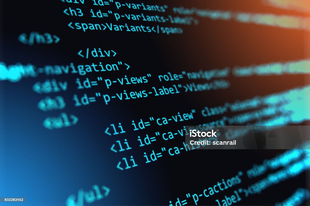 Programming source code abstract background Creative abstract PHP web design, internet programming HTML language and digital computer technology business concept: 3D render illustration of the macro view of software source code on screen monitor with selective focus effect Coding Stock Photo