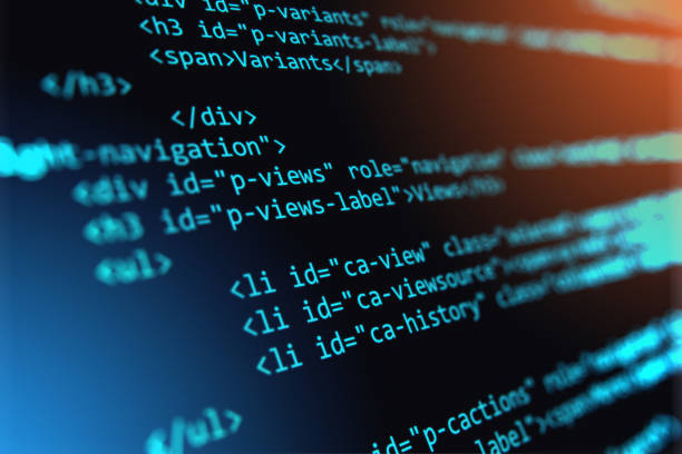 Programming source code abstract background Creative abstract PHP web design, internet programming HTML language and digital computer technology business concept: 3D render illustration of the macro view of software source code on screen monitor with selective focus effect javascript stock pictures, royalty-free photos & images