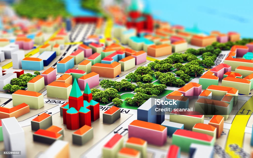 Miniature city Creative abstract GPS satellite navigation, travel, tourism and location route planning business concept: 3D render illustration of the macro view of miniature color city map with 3D buildings with selective focus effect City Stock Photo