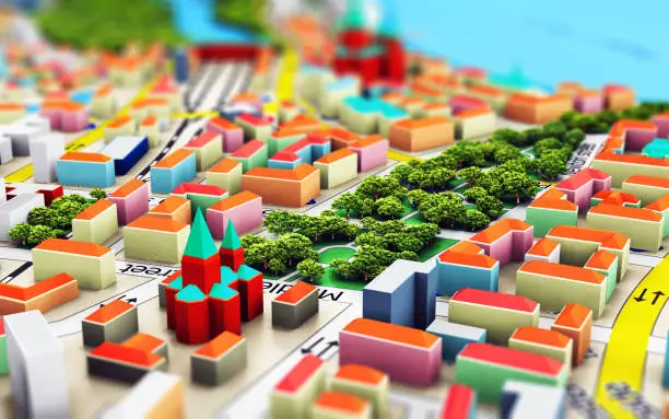 Creative abstract GPS satellite navigation, travel, tourism and location route planning business concept: 3D render illustration of the macro view of miniature color city map with 3D buildings with selective focus effect