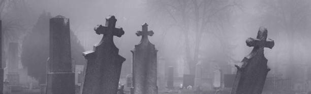 istock Old creepy haunted cemetery on misty night 832298446