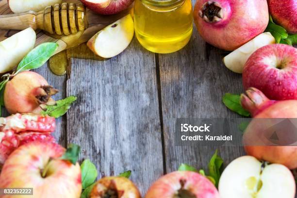 Rosh Hashana Symbols Background Stock Photo - Download Image Now - Rosh Hashanah, Apple - Fruit, Autumn