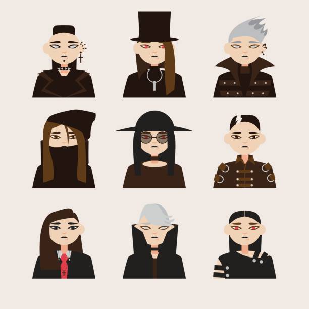 Vector set with avatars of gothic man Vector set with avatars of gothic man in hats, with dark hair and colored eyes lens. Different young men isolated on background emo hair guys stock illustrations