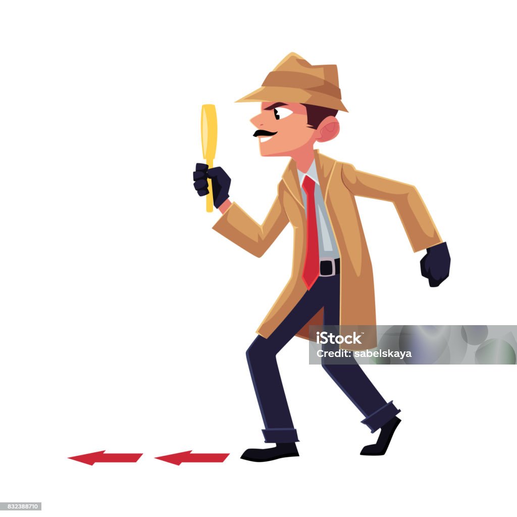Detective character following, tiptoeing after somebody with magnifying glass Detective character following, tiptoeing after somebody with magnifying glass, cartoon vector illustration isolated on white background. Full length portrait of funny detective character at work Adult stock vector