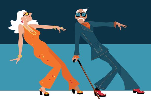 Baby boomers dancing Mature couple dressed in 1970th fashion dancing a novelty dance, EPS 8 vector illustration old people dancing stock illustrations