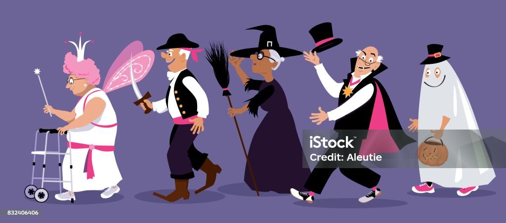 Halloween at retirement home Group of active seniors dressed in Halloween costume, EPS 8 vector illustration Halloween stock vector