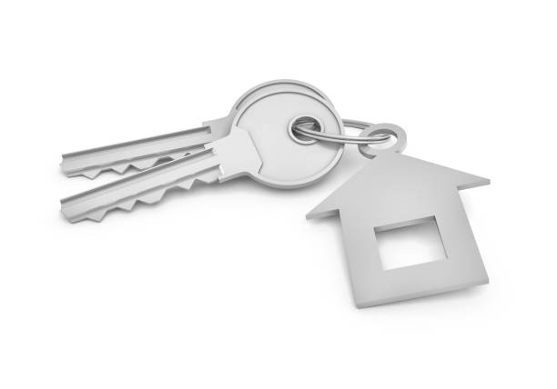 istock 3d rendering of two isolated silver keys on a key ring with label 832457640