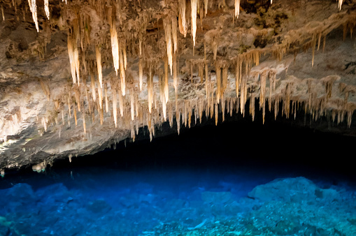 The 'Gruta do Lago Azul' (Blue Lake Cave) is a natural monument in Bonito, Mato Grosso do Sul, Brazil. It holds two caves with interesting but fragile calcareous formations