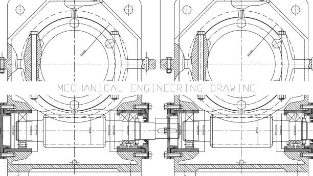 기계 공학 도면입니다. 공학 드로잉 배경입니다. 벡터입니다. - drawing compass machine part engineering plan stock illustrations