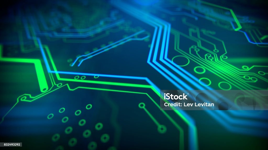 Technology background. Circuit board futuristic server code processing. Blue, green background with digital integrated network technology. Printed circuit board. Technology background. 3D illustration. Green Color Stock Photo