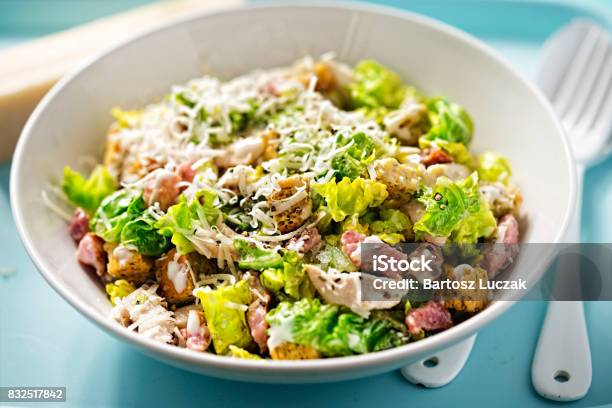 Chicken Caesar Salad With Bacon Parmesan And Herb Croutons Stock Photo - Download Image Now