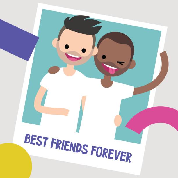 Best friends photo frame. Two young friends hugging each other. Flat editable vector illustration, clip art Best friends photo frame. Two young friends hugging each other. Flat editable vector illustration, clip art young man wink stock illustrations