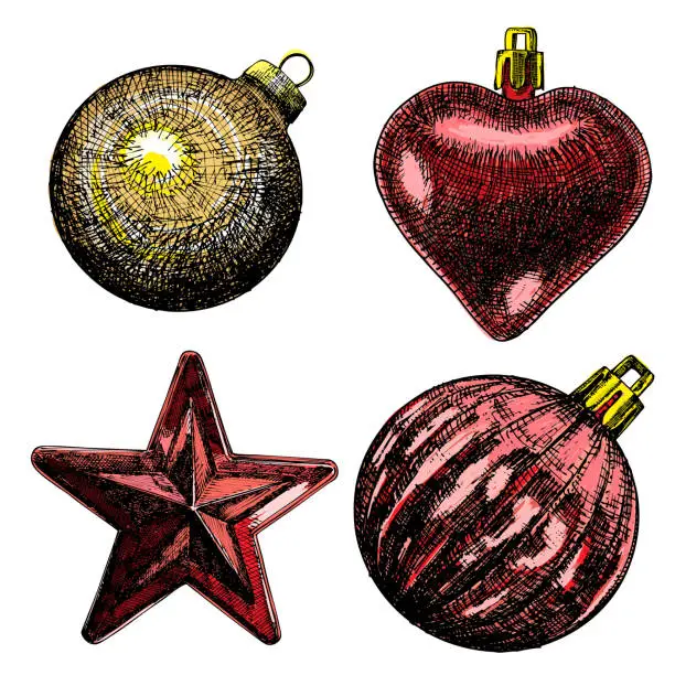 Vector illustration of Set of red, yellow Christmas ball for xmas and New Year tree decoration made of glass. In shape of star and heart. Hand drawing. Evening holiday ball, hand drawn, isolated on white background. Vector.