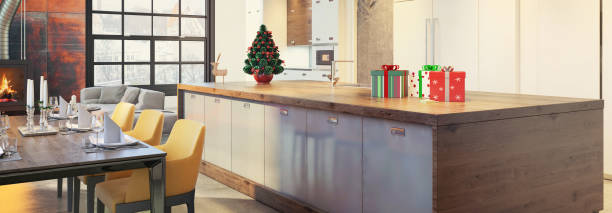 istock Modern loft apartment interior dining and kitchen room with Christmas decoration 832524492