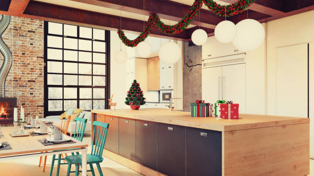 istock Modern loft apartment interior dining and kitchen room with Christmas decoration 832524508