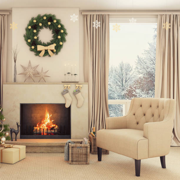 Christmas interior with a fireplace, Christmas tree with presents and armchair