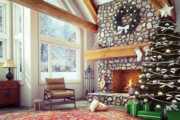 istock Christmas interior with a fireplace, Christmas tree with presents and armchair 832524530
