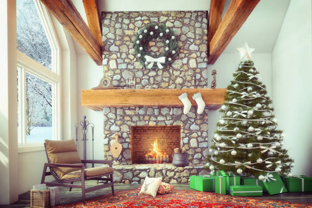 istock Christmas interior with a fireplace, Christmas tree with presents and armchair 832524536