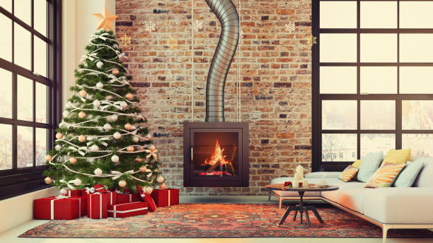 istock Christmas interior with a fireplace, Christmas tree with presents and armchair 832524548