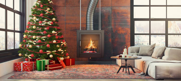istock Christmas interior with a fireplace, Christmas tree with presents and armchair 832524556