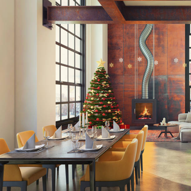 istock Modern loft apartment interior dining and kitchen room with Christmas decoration 832524580