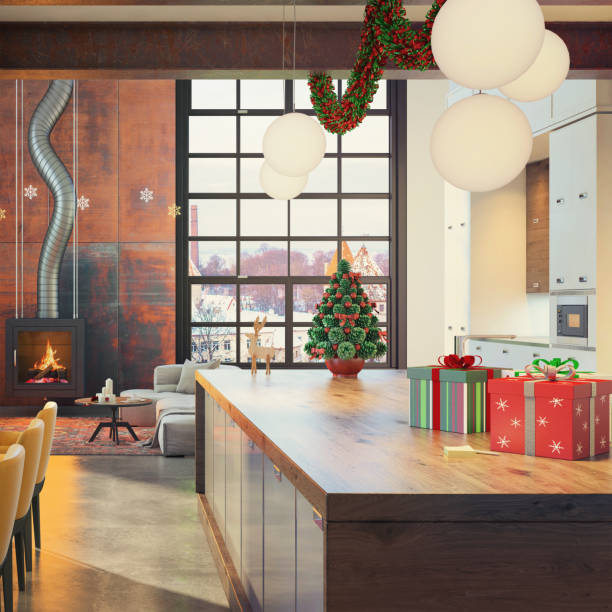 istock Modern loft apartment interior dining and kitchen room with Christmas decoration 832524586