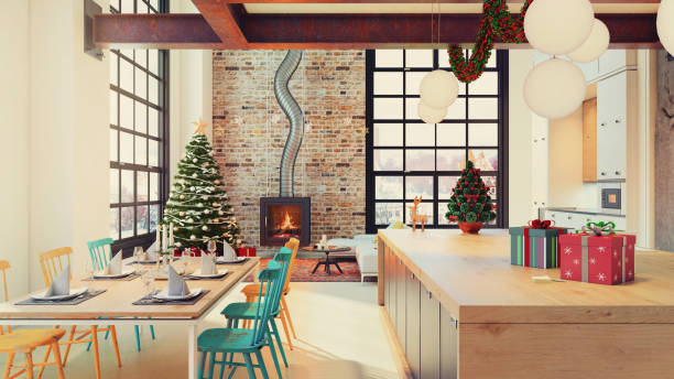 istock Modern loft apartment interior dining and kitchen room with Christmas decoration 832524594