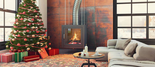 istock Christmas interior with a fireplace, Christmas tree with presents and armchair 832524626