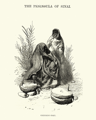 Vintage engraving of women grinding corn, Sinai, Egypt, 19th Century. The Lesuire Hour ,1870