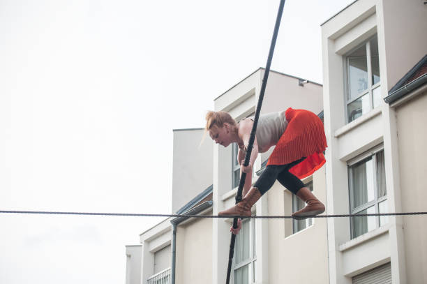 MULHOUSE - France - 15 July 2017 - the artist Johanne Humblet tightrope walker performance during four hours in Mulhouse