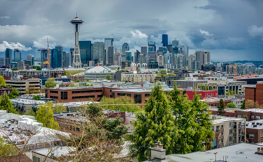 Dark Skies Roll in over the Seattle Skyline in the Early Spring