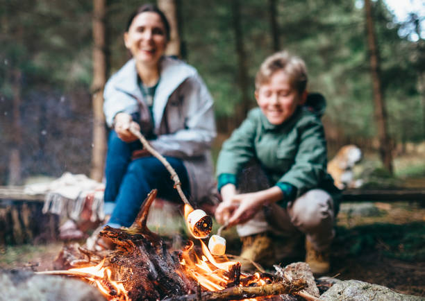 mutter und sohn kochen marshmallow bonbons am lagerfeuer - marshmallow stock-fotos und bilder