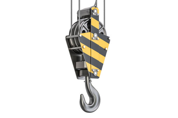 Crane hook closeup, 3D rendering isolated on white background Crane hook closeup, 3D rendering isolated on white background crane construction machinery stock pictures, royalty-free photos & images