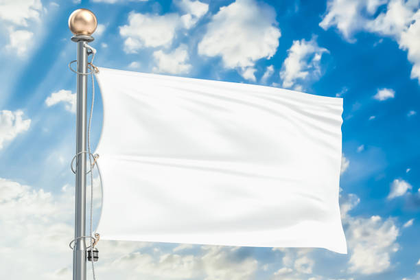 istock White flag waving in blue cloudy sky, 3D rendering 832569386