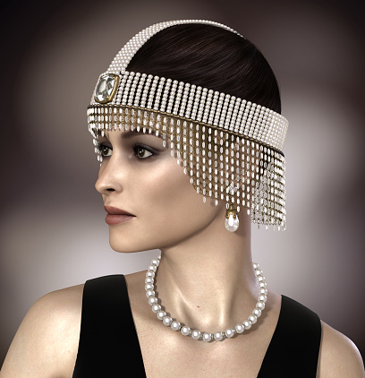Amazing 3D render of a beautiful woman wearing  pearl and diamond Great Gatsby Daisy jewelry.