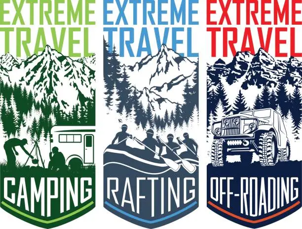 Vector illustration of set of vector travel flayer illustration - camping, 4x4 off-roading and whitewater rafting
