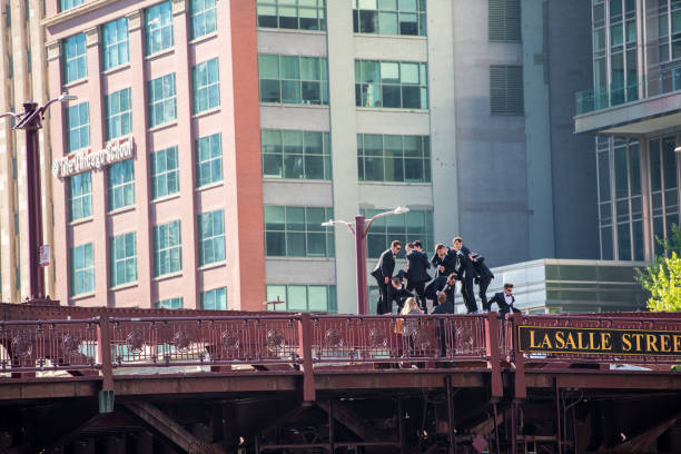 groomsmen brave standing on a bridge for a photo, downtown chicago - anti smoking imagens e fotografias de stock