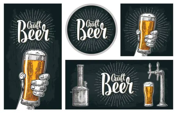 Vector illustration of Beer set with tap, class, can, bottle and tanks from brewery factory.