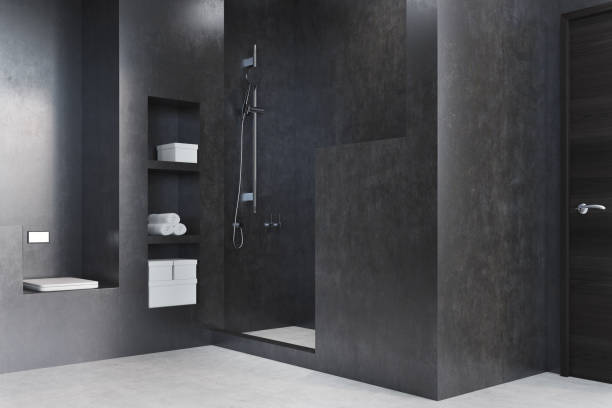 istock Black bathroom with a shower, closet 832598656