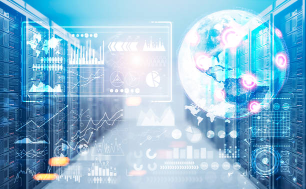 istock Earth hologram with graphs and place marks, toned 832598842