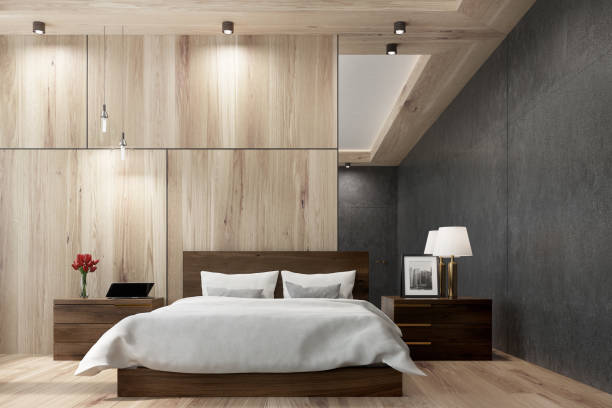 istock Black and wooden bedroom, mirror 832598990
