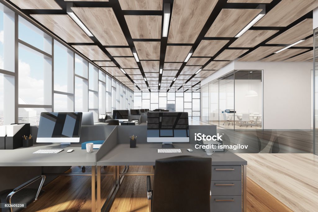 Wooden floor open space office, closeup Wooden floor open office interior with panoramic windows and a rectangular ceiling pattern. Close up. 3d rendering mock up Office Stock Photo