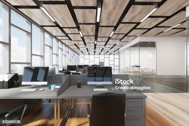 Wooden Floor Open Space Office Closeup Stock Photo - Download Image Now - Office, Desk, Modern