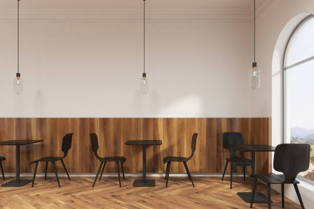 istock Modern black furniture cafe interior, window 832615354