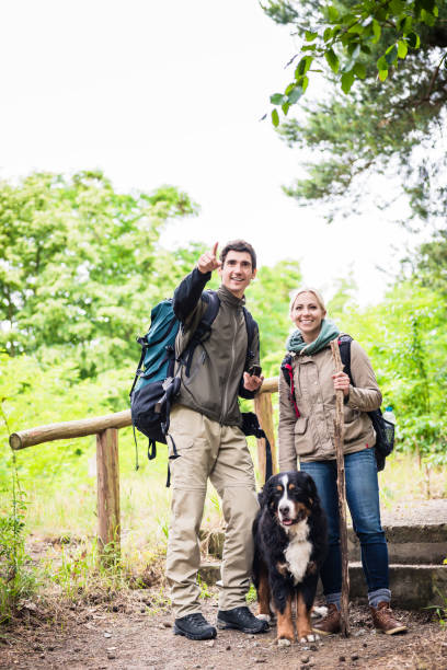 istock Hikers with dog in forest 832621556