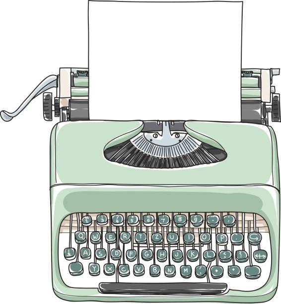 mintgrün vintage schreibmaschine tragbare retro mit papier handgezeichneten kunst vektorgrafik - resume typewriter writing ideas stock-grafiken, -clipart, -cartoons und -symbole