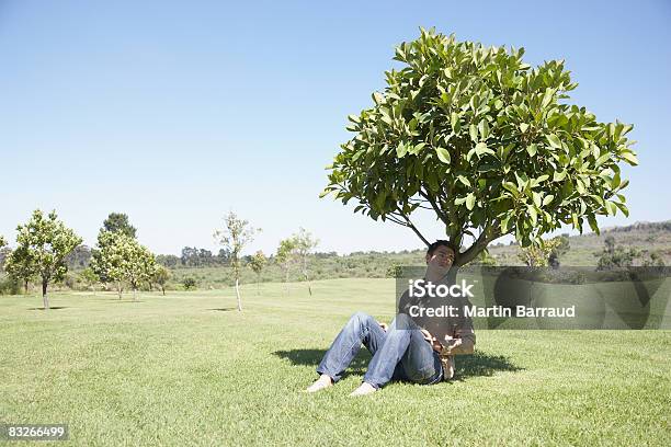 Man Sitting In Shade Under Tree Stock Photo - Download Image Now - Shade, Tree, Sunny