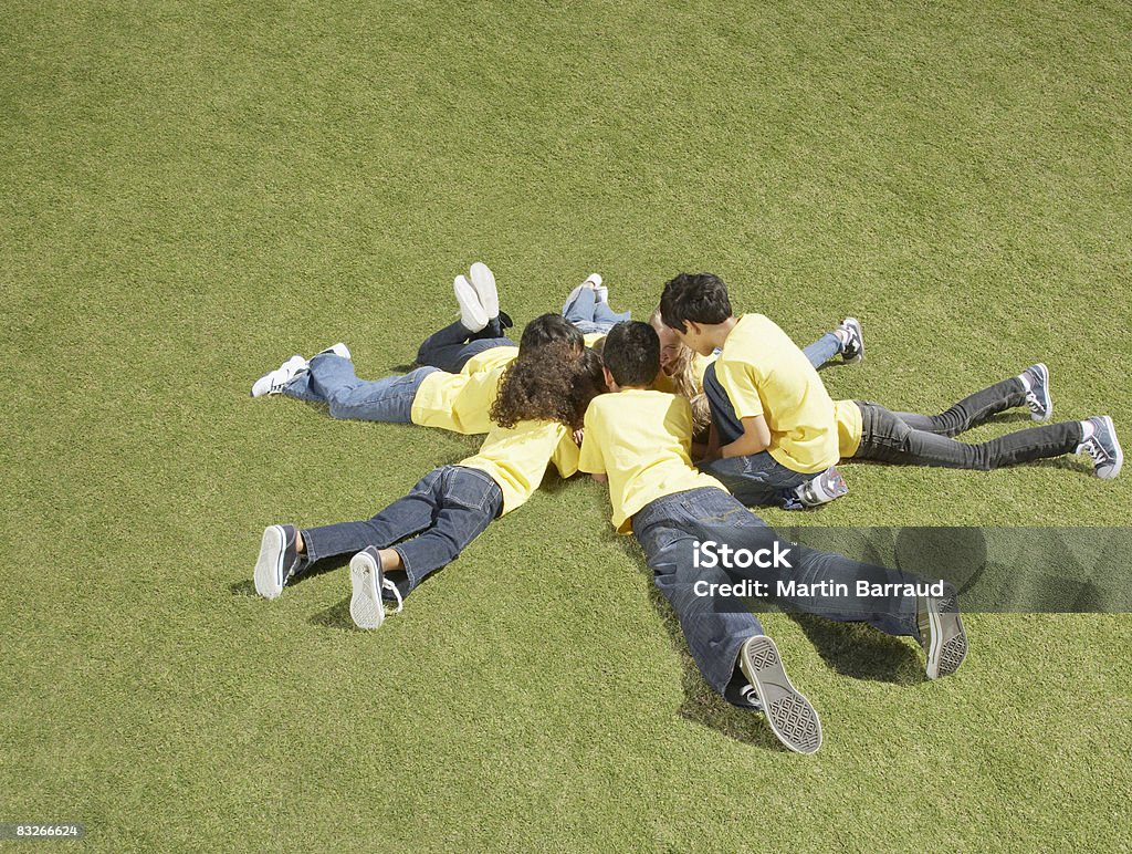 Gruppo di bambini sdraiati in erba in un cerchio formazione - Foto stock royalty-free di 12-13 anni